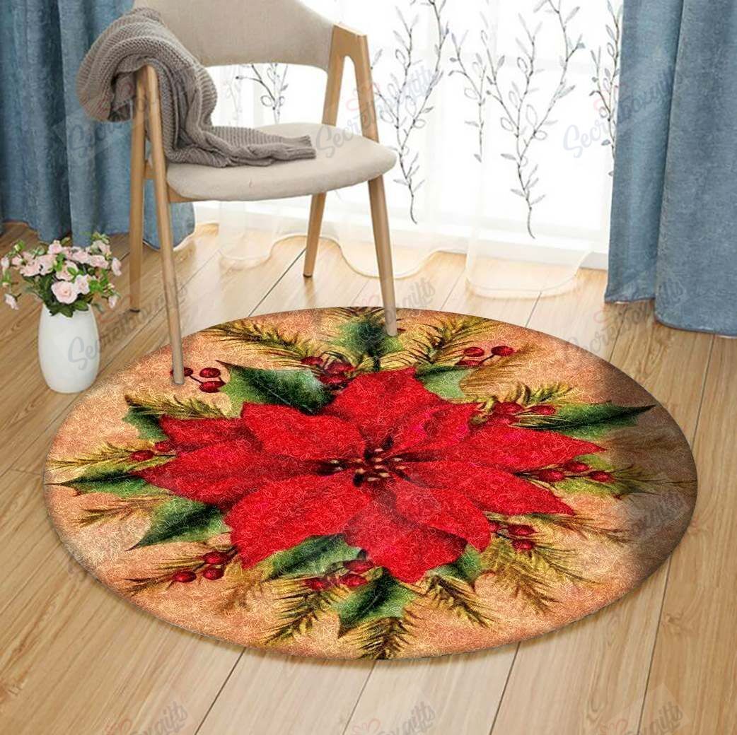 Poinsettia Christmas Round Carpet