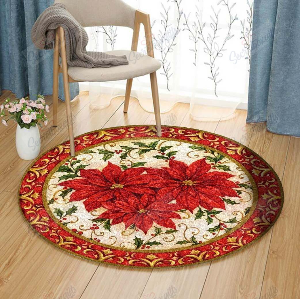 Poinsettia Christmas Round Carpet