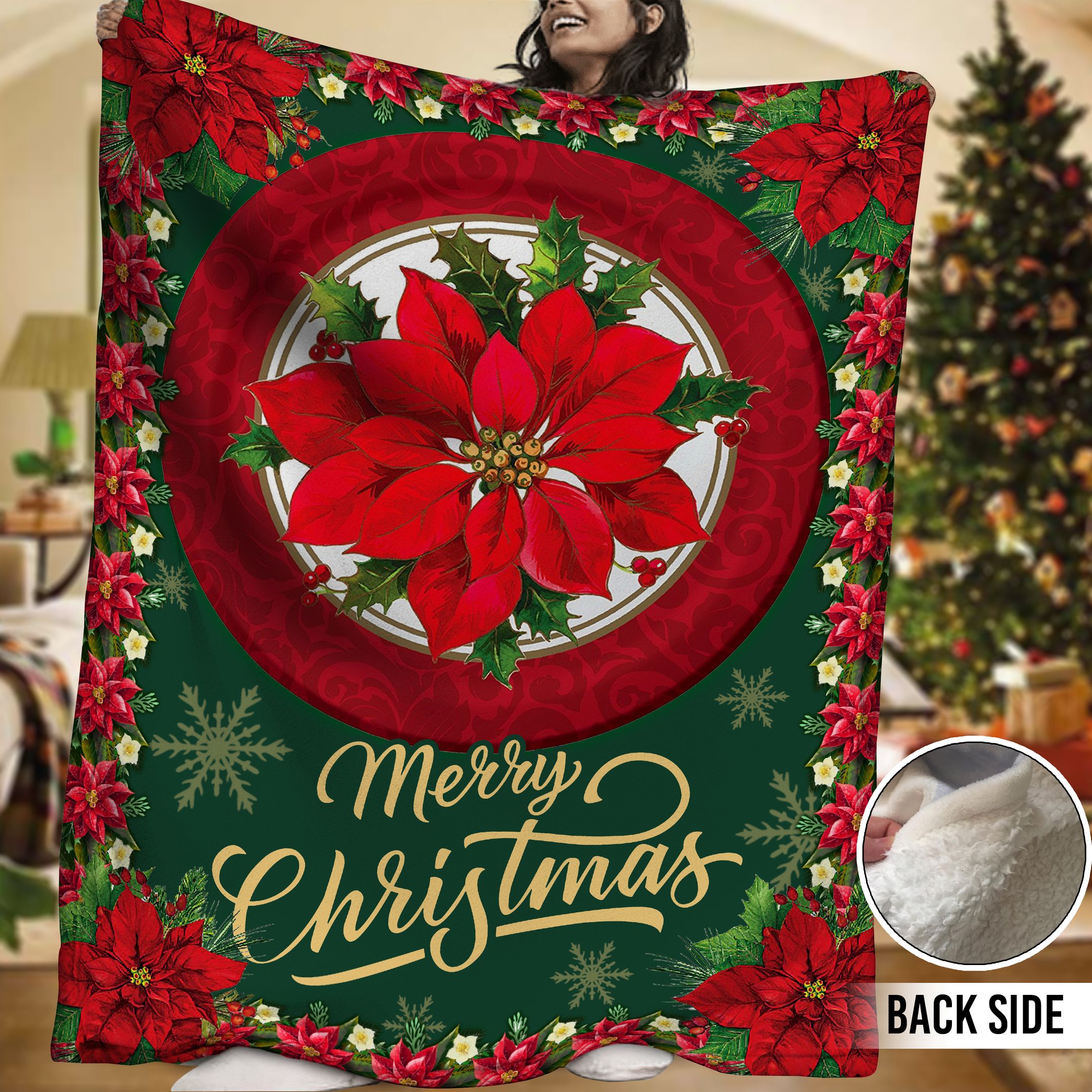 Poinsettia Sherpa Fleece Blanket