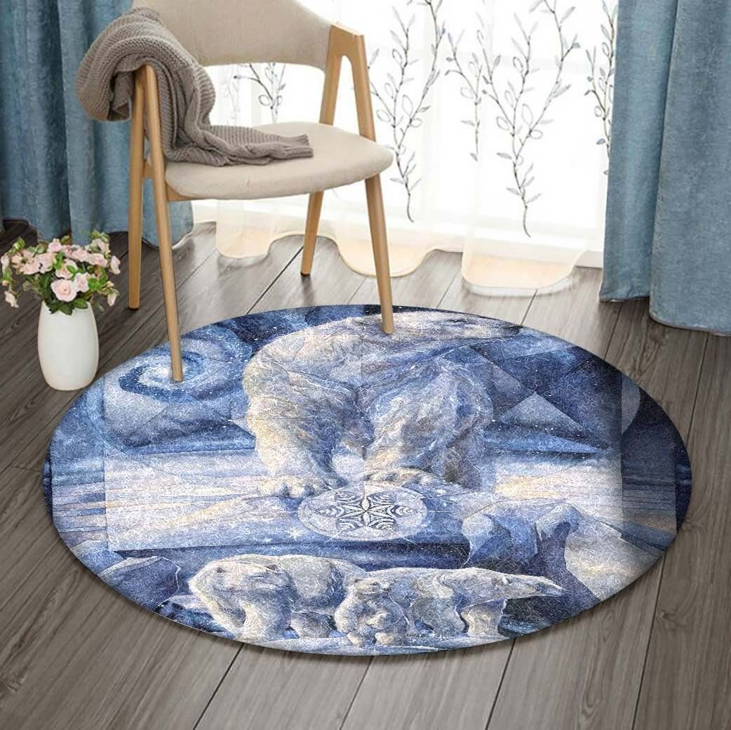 Polar Bear Family In Starry Night Round Carpet