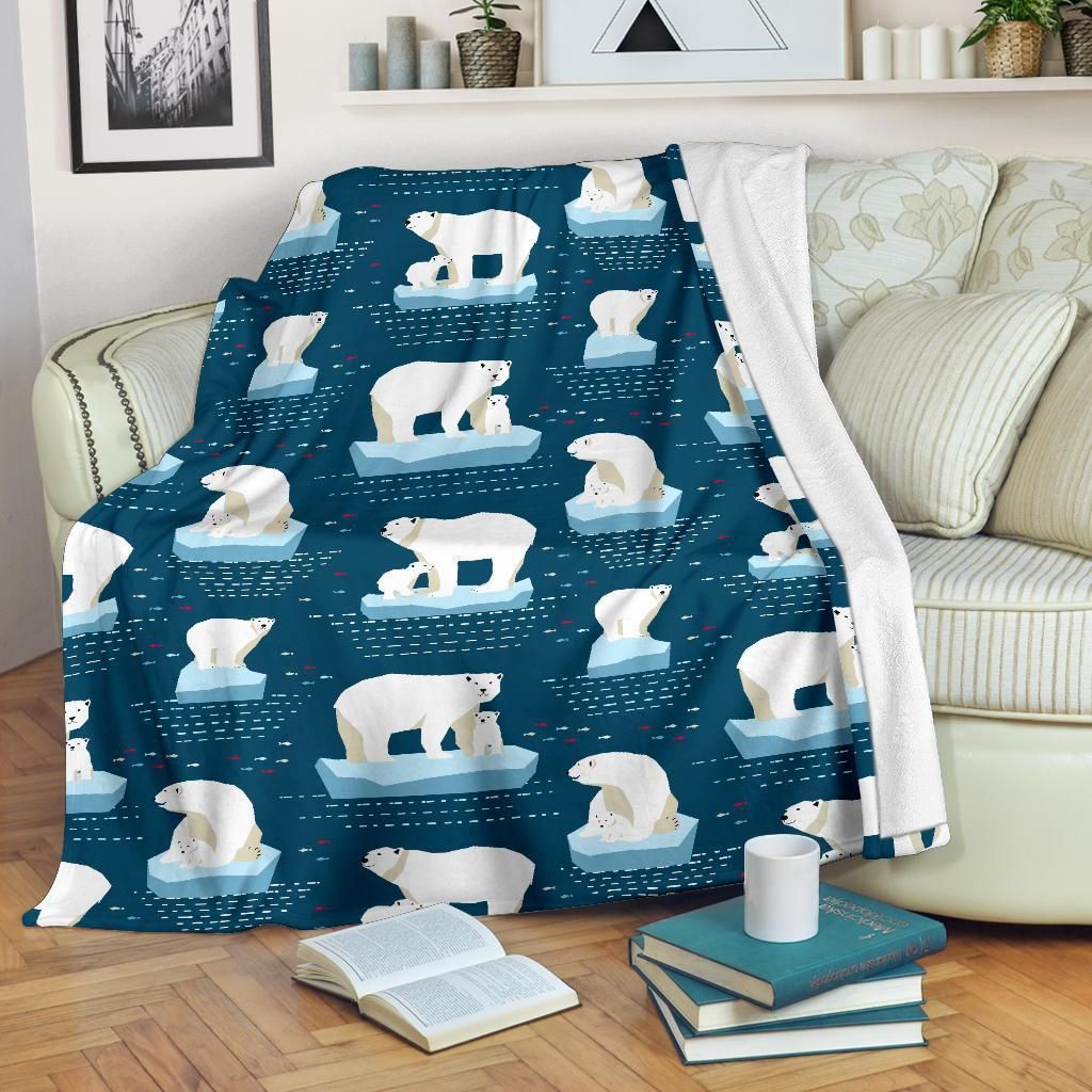 Polar Bear Pattern Print Design Dark Blue And White Fleece Blanket