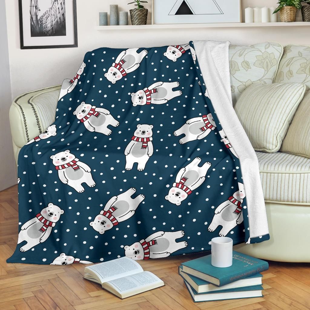 Polar Bear Pattern Print Design Dark Blue Fleece Blanket