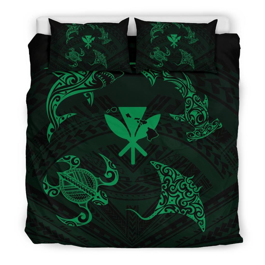 Polynesian Turtle Hammerhead Shark Ray Kanaka Hawaii Circle Green Bedding Set