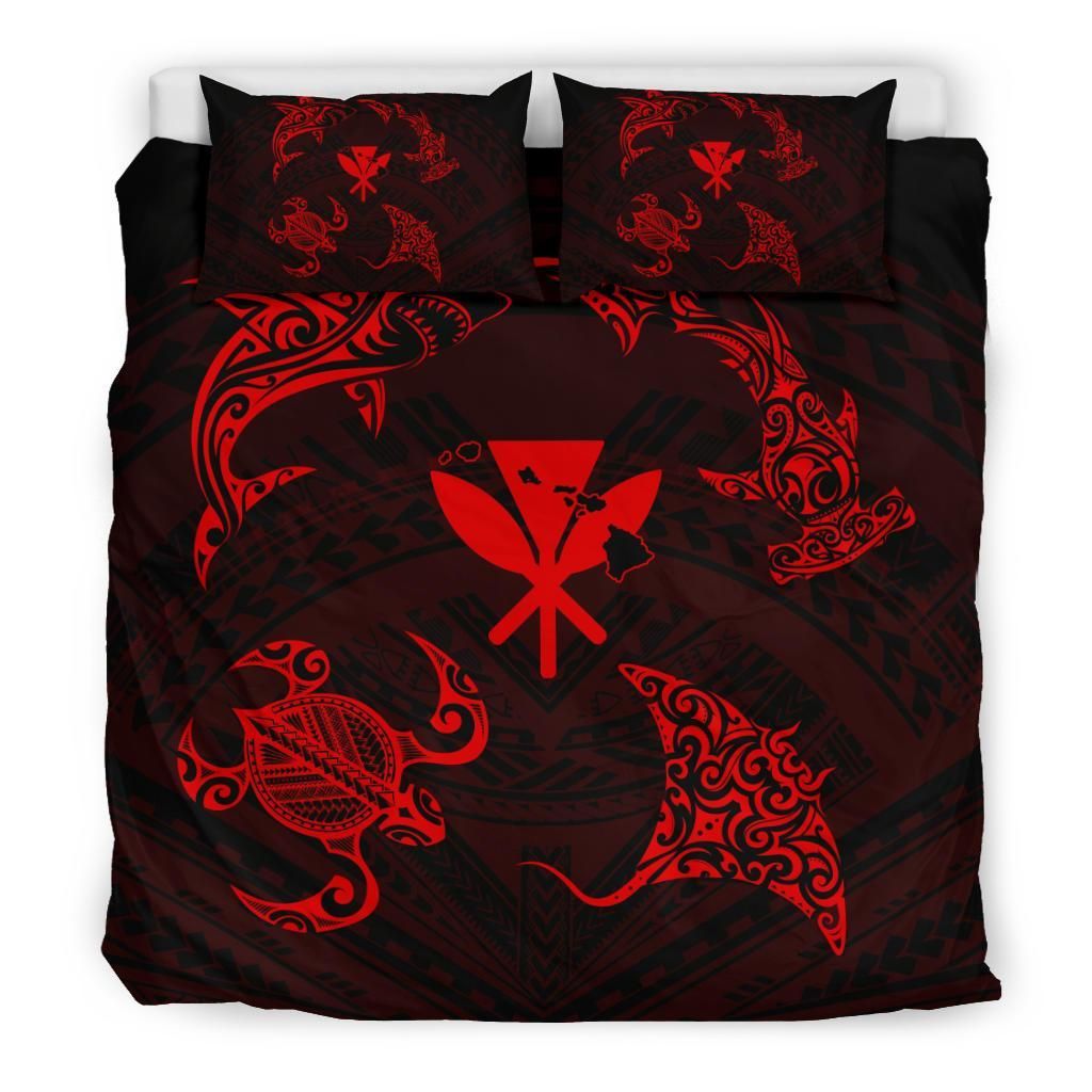 Polynesian Turtle Hammerhead Shark Ray Kanaka Hawaii Circle Red Bedding Set