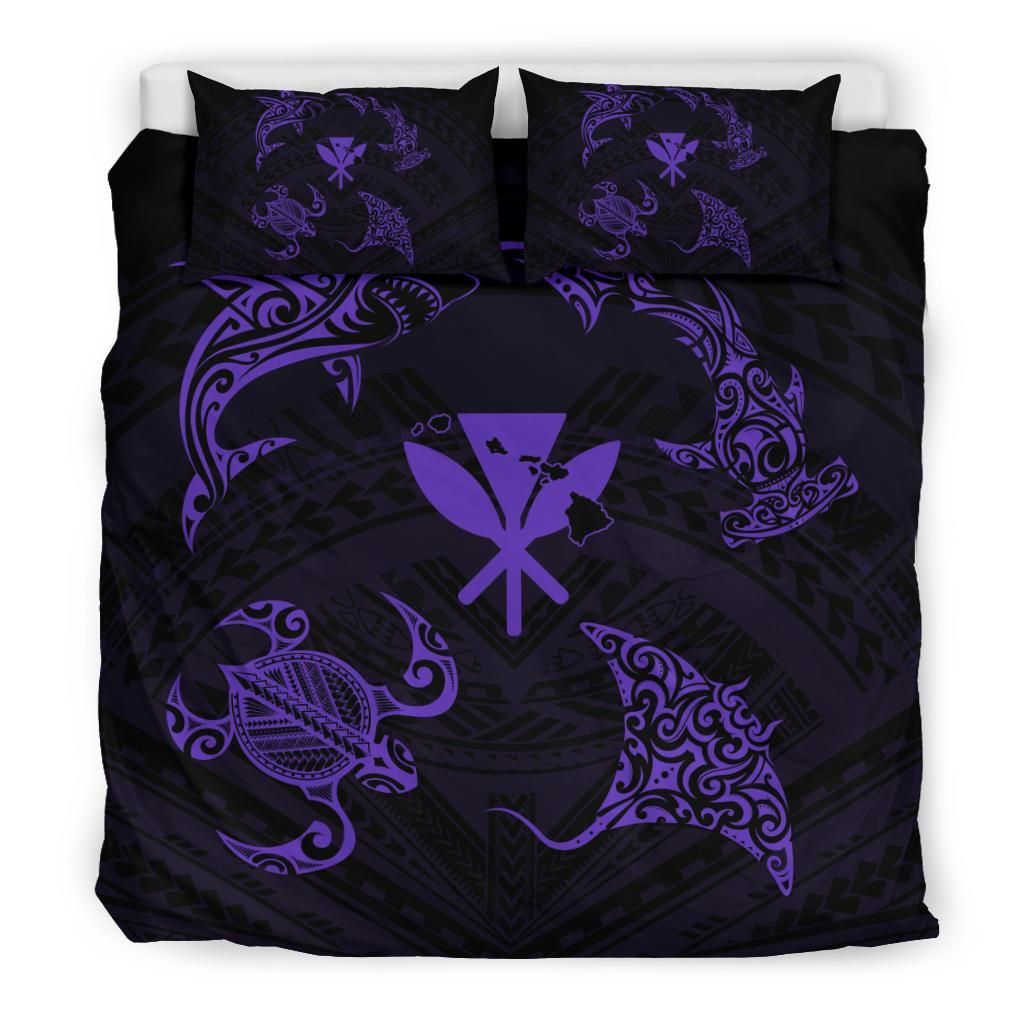 Polynesian Turtle Hammerhead Shark Ray Kanaka Hawaii Purple Bedding Set