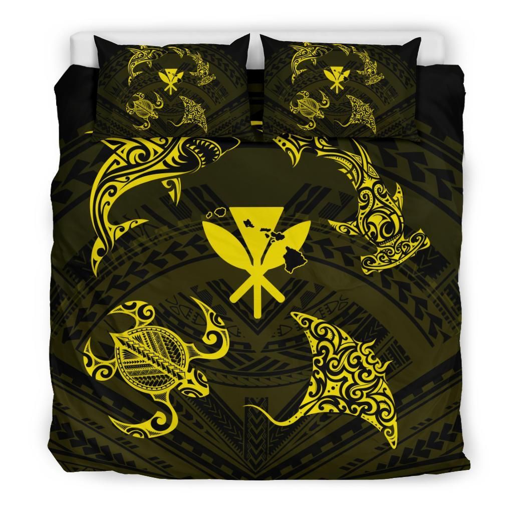Polynesian Turtle Hammerhead Shark Ray Kanaka Hawaii Yellow Bedding Set