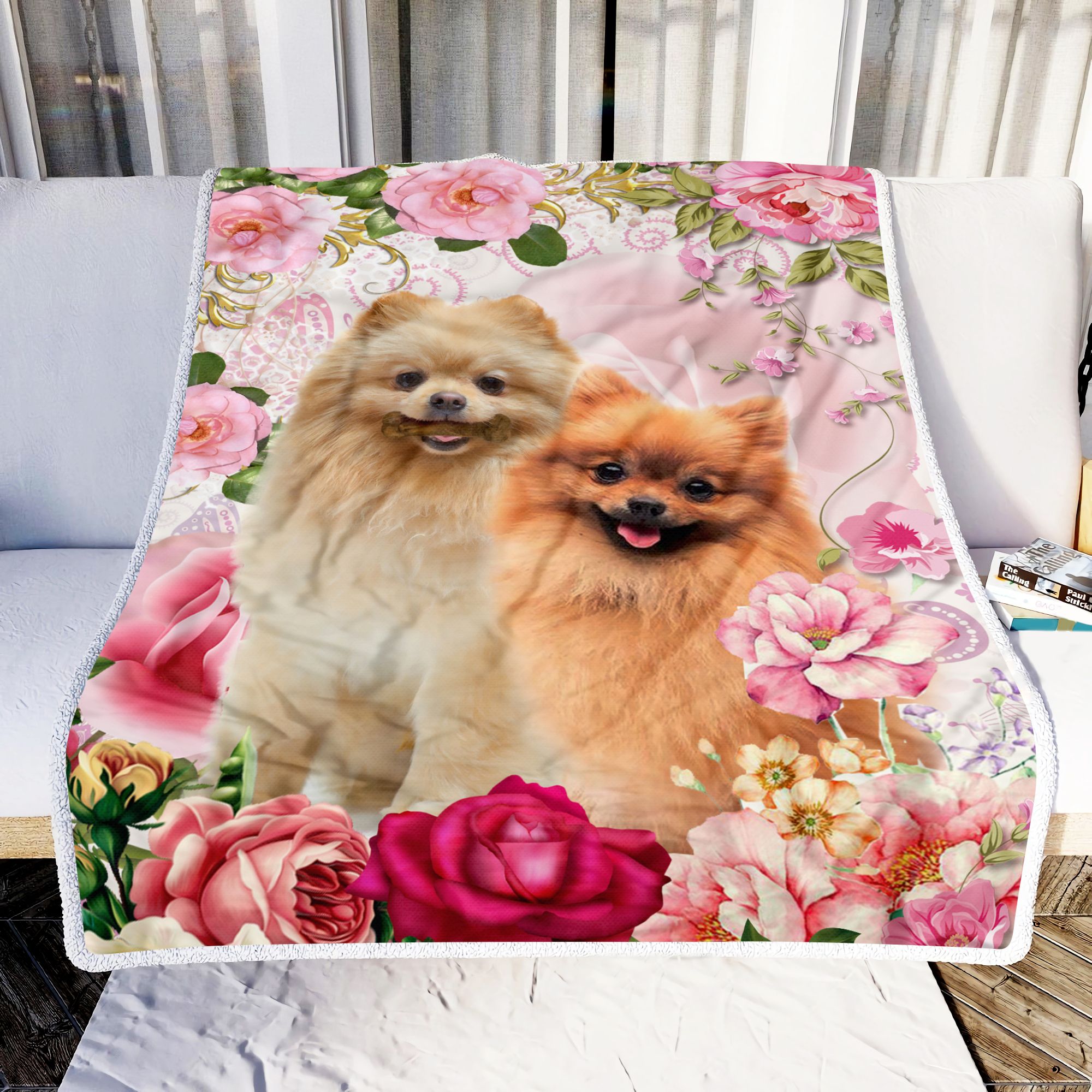 Pomeranian Flower Fleece Blanket