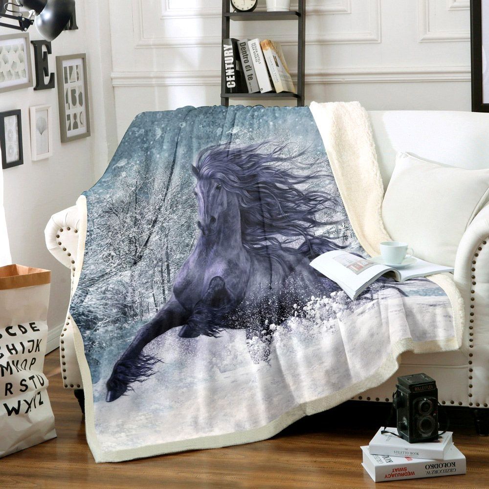 Powerful Black Horse Winter Sherpa Fleece Blanket