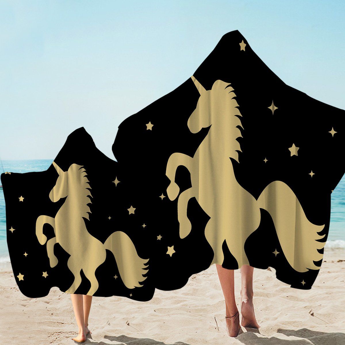 Prancing Unicorn Starry On Black Printed Hooded Towel