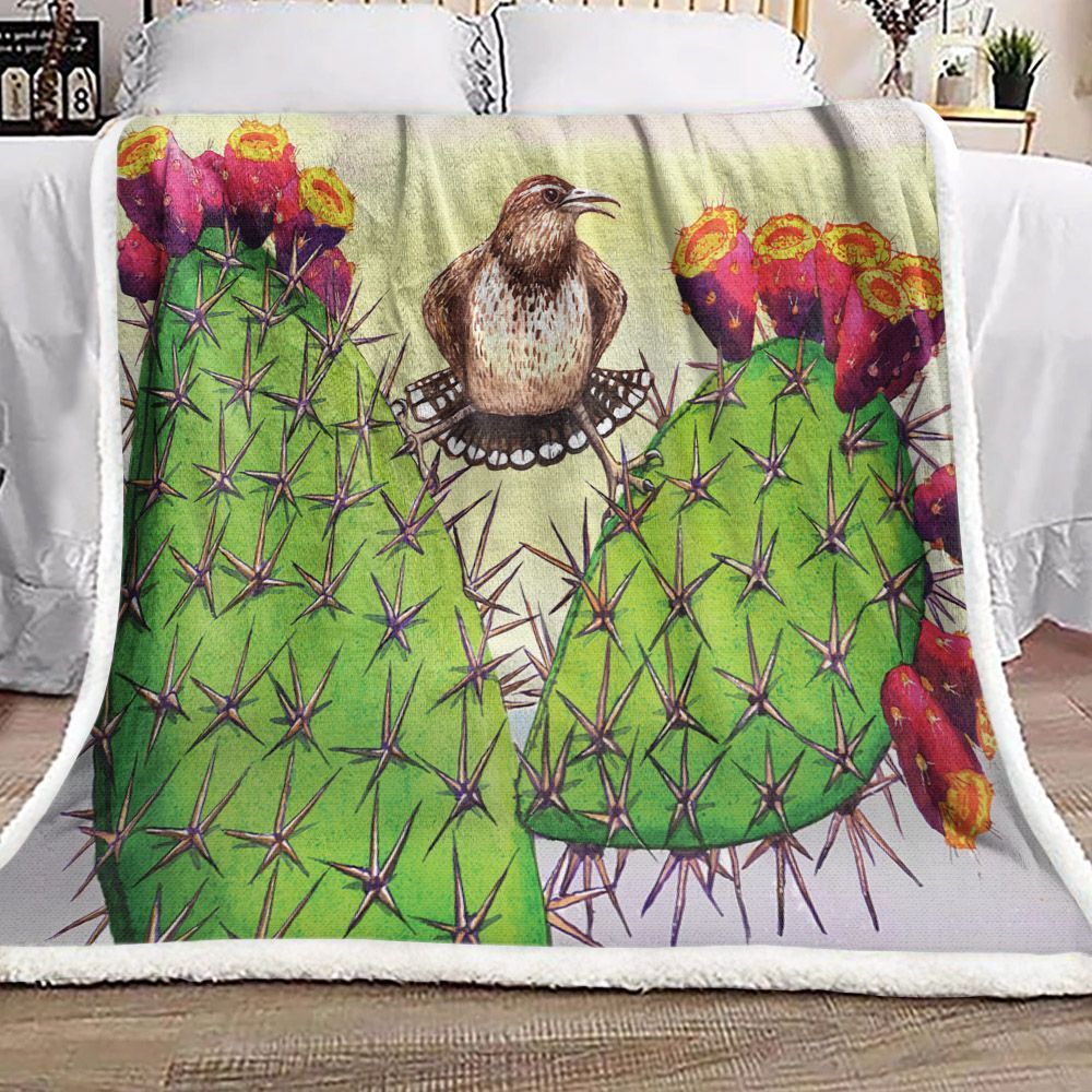 Prickly Cactus And Bird Sherpa Fleece Blanket