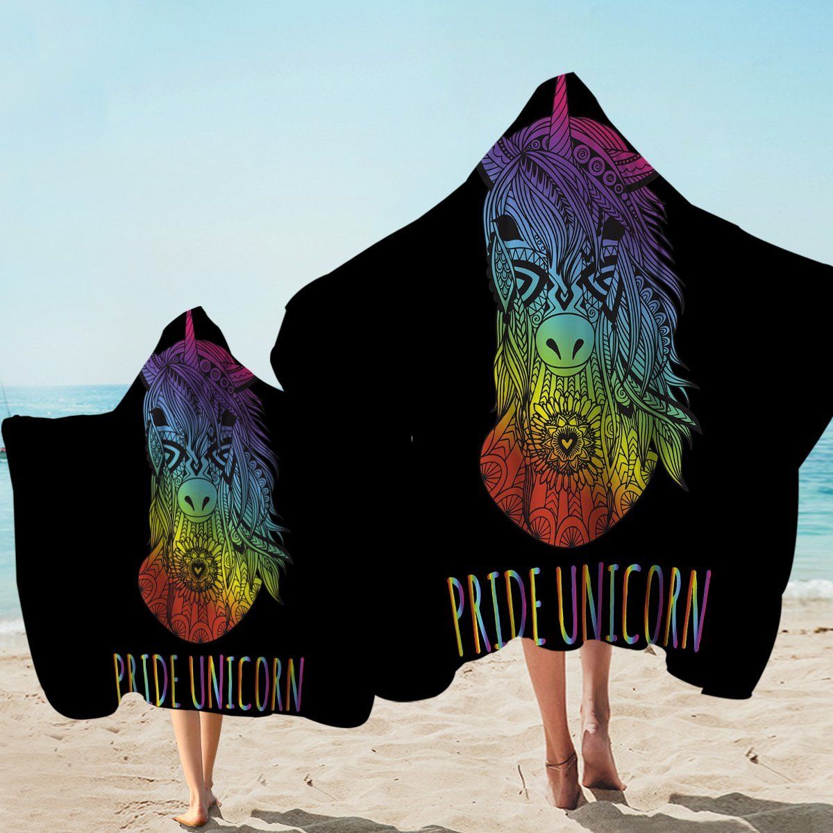 Pride Unicorn With Mandala Pattern In Black Printed Hooded Towel