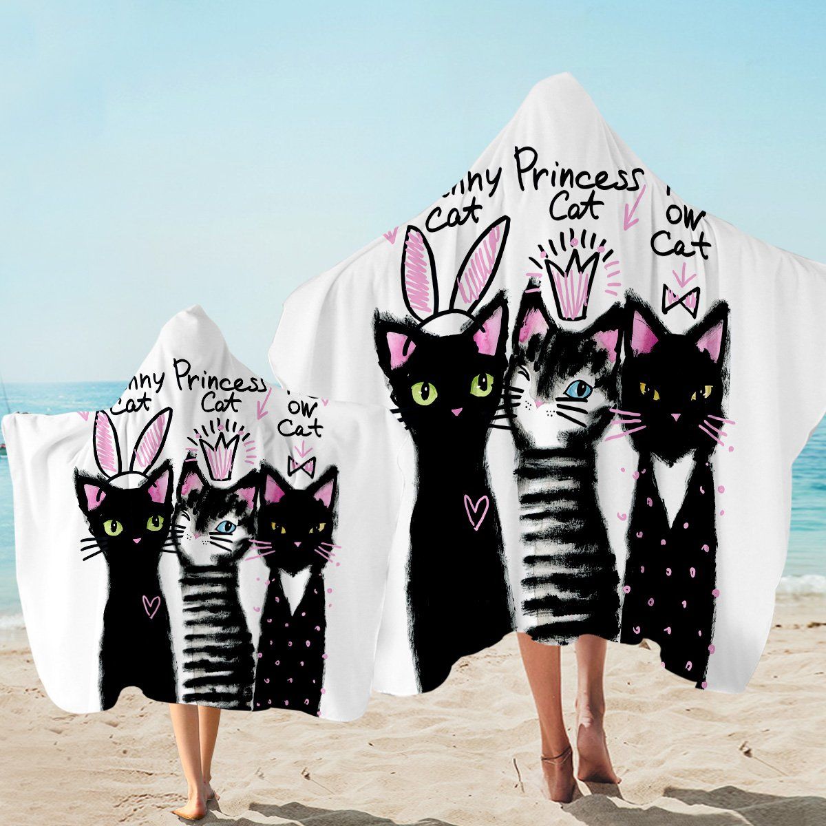 Princess Cat Sisters On White Printed Hooded Towel