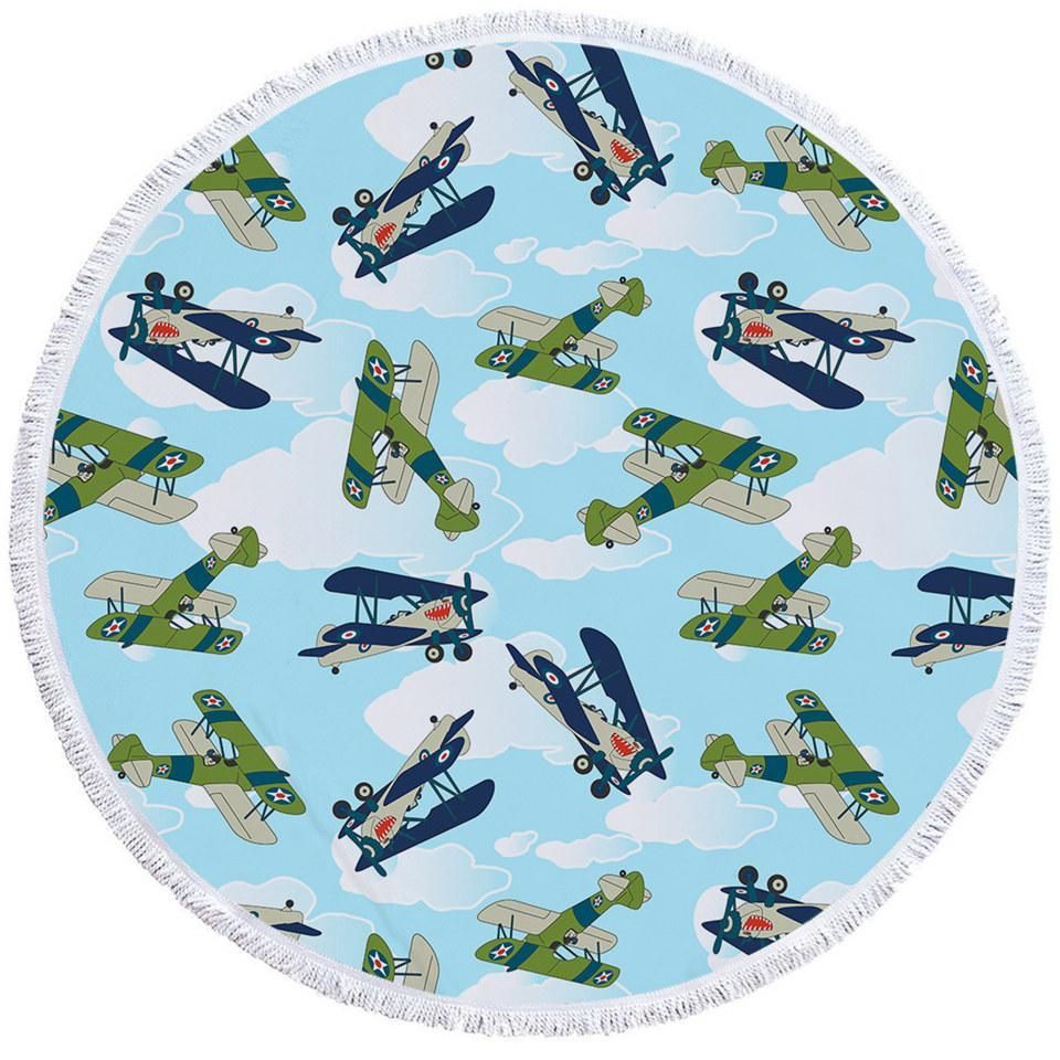 Propeller Plane Pattern Cloud Printed Round Beach Towel