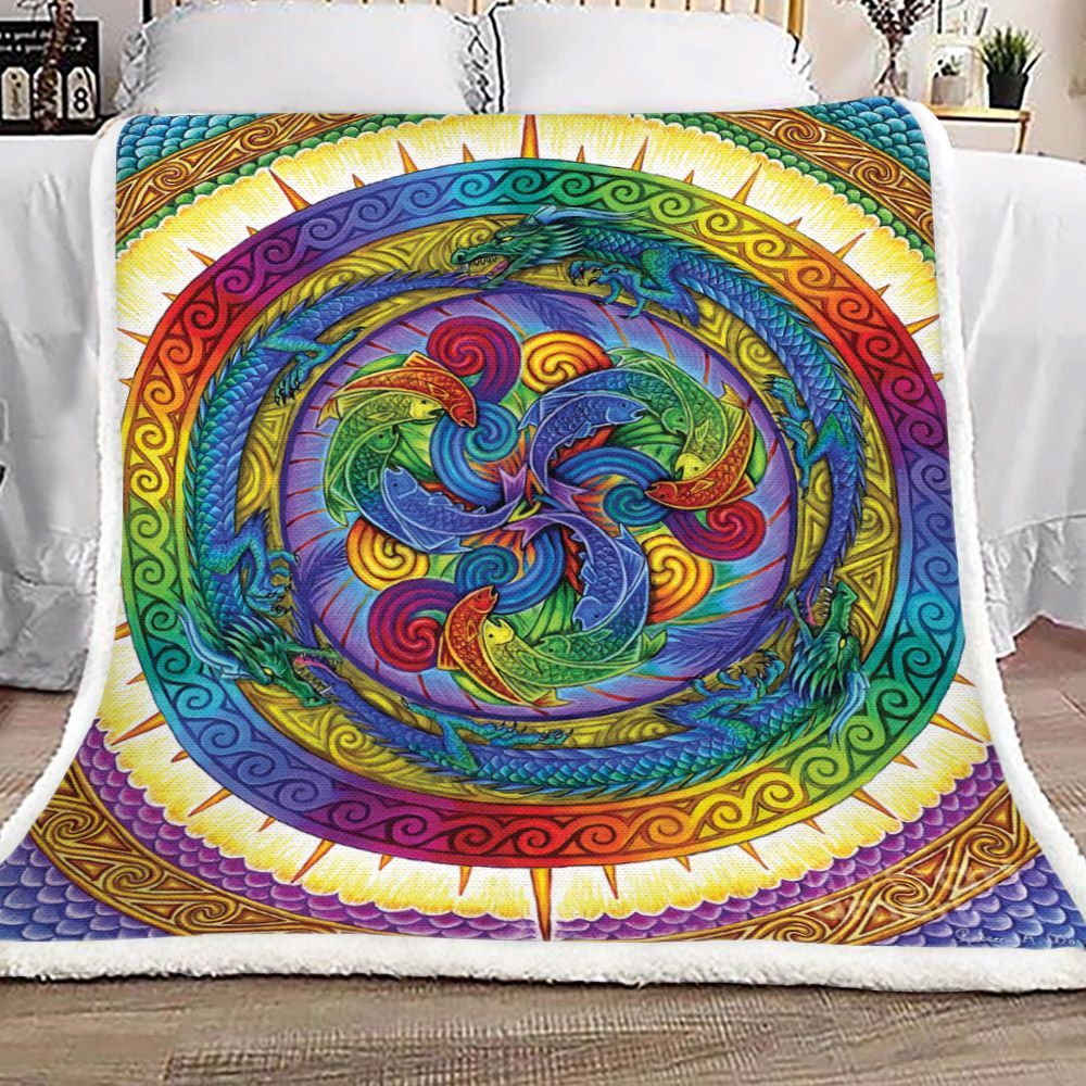 Psychedelic Dragons Rainbow Mandala Sherpa Fleece Blanket