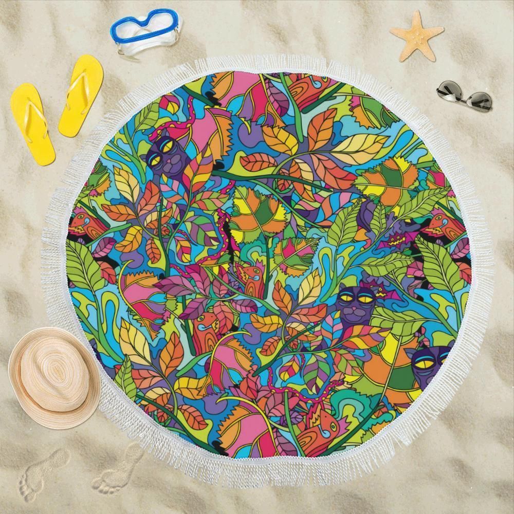 Psychedelic Trippy Flower Pattern Printed Round Beach Towel