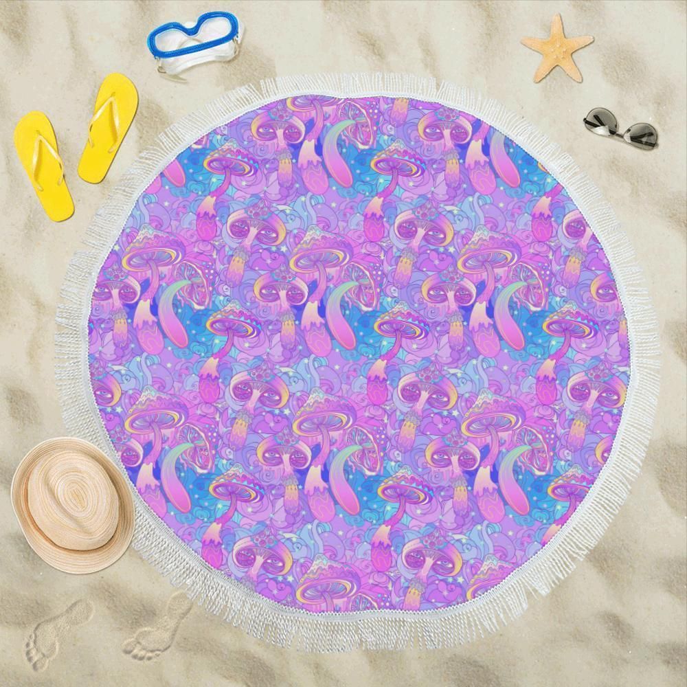 Psychedelic Trippy Mushroom Printed Round Beach Towel