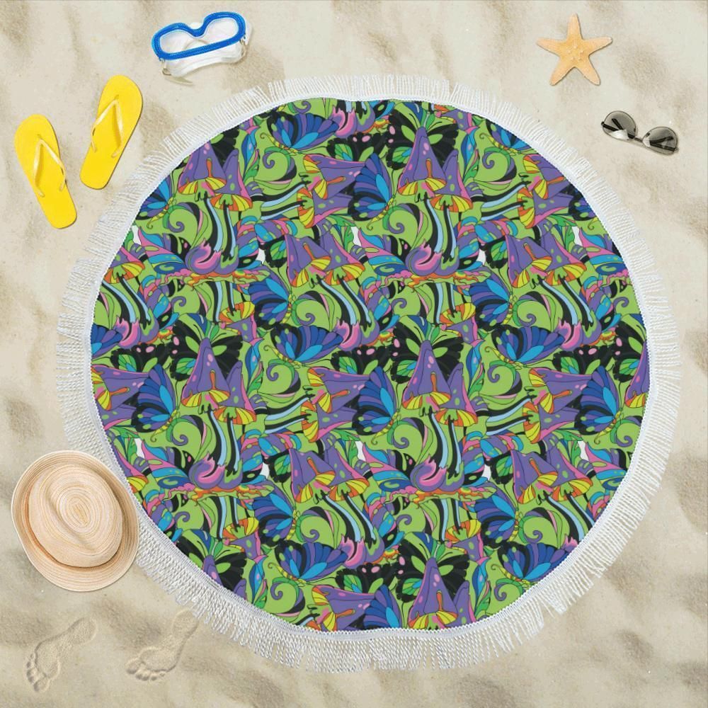 Psychedelic Trippy Mushroom Themed Printed Round Beach Towel