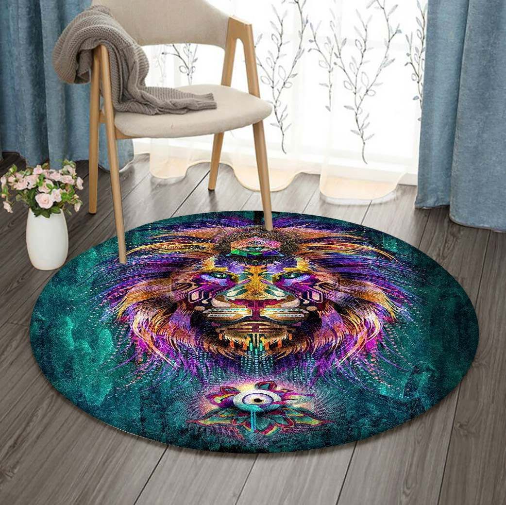 Psychedelic Trippy Rainbow Lion Round Carpet