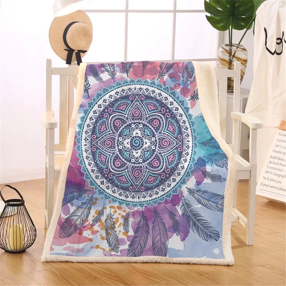 Psychedelic Watercolor Dreamcatcher Sherpa Fleece Blanket