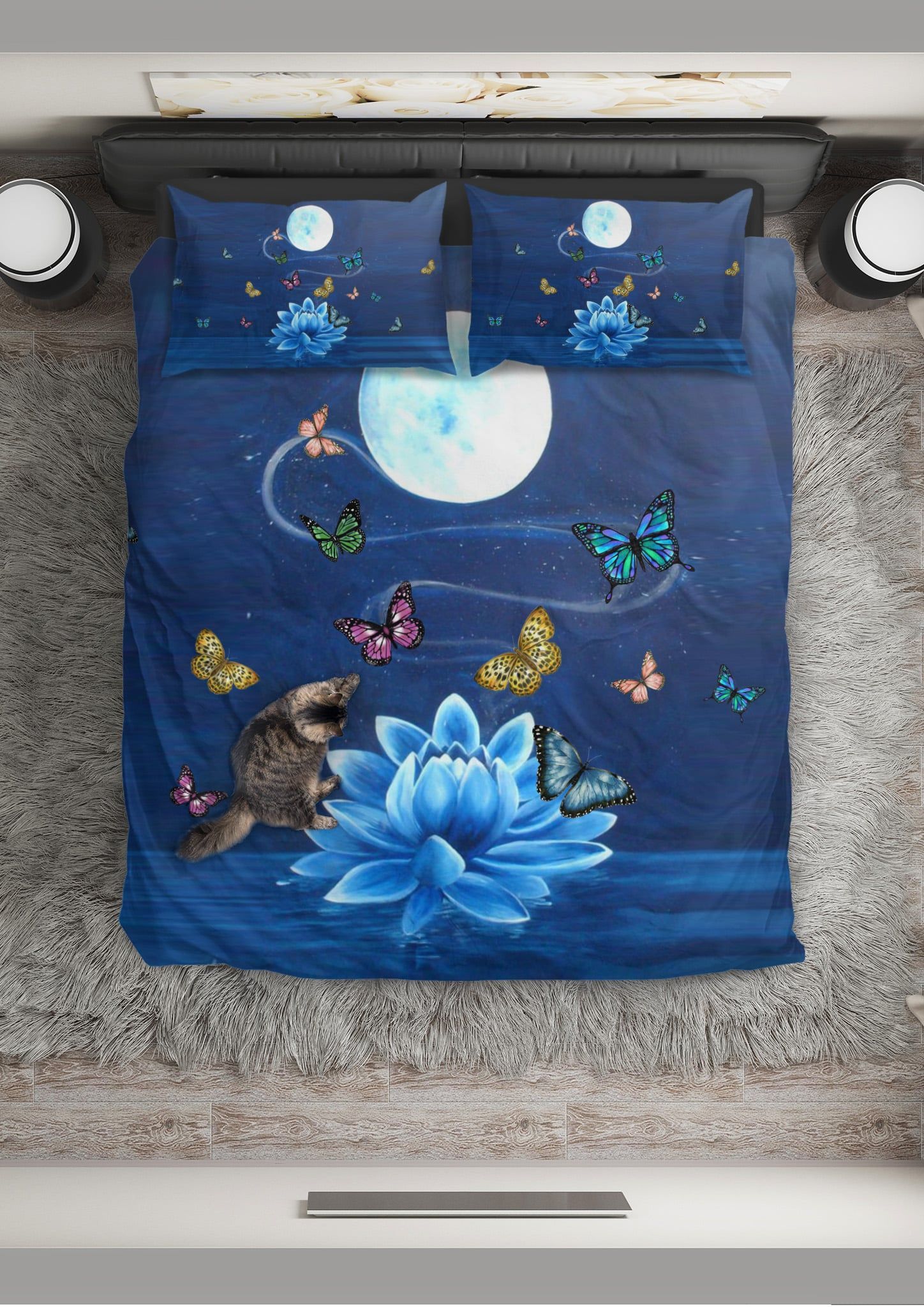 Bufl Blue Lotus And Colorful Butterflies Bedding Set