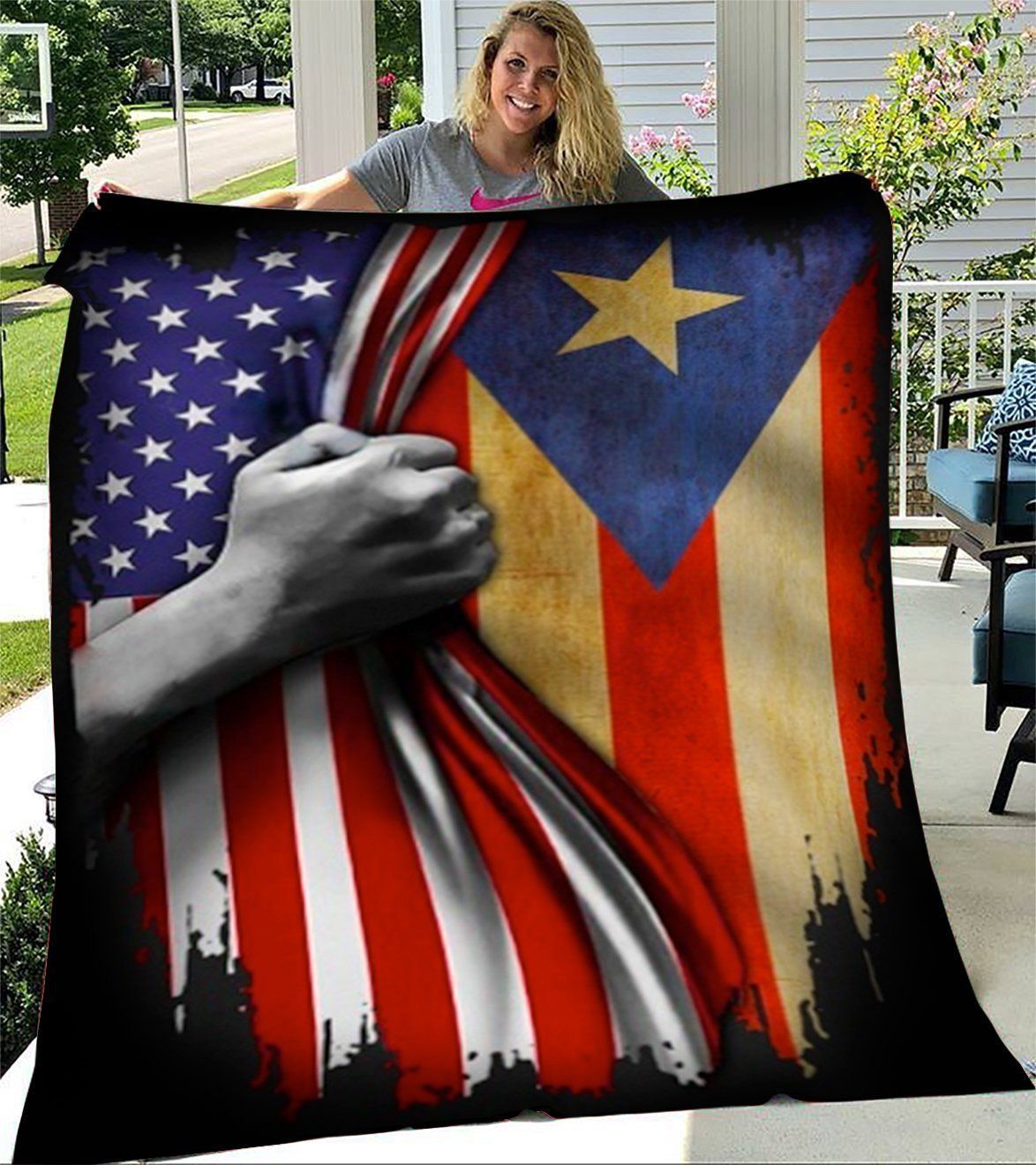 Puerto Rican Flag Behind USA Flag Fleece Blanket