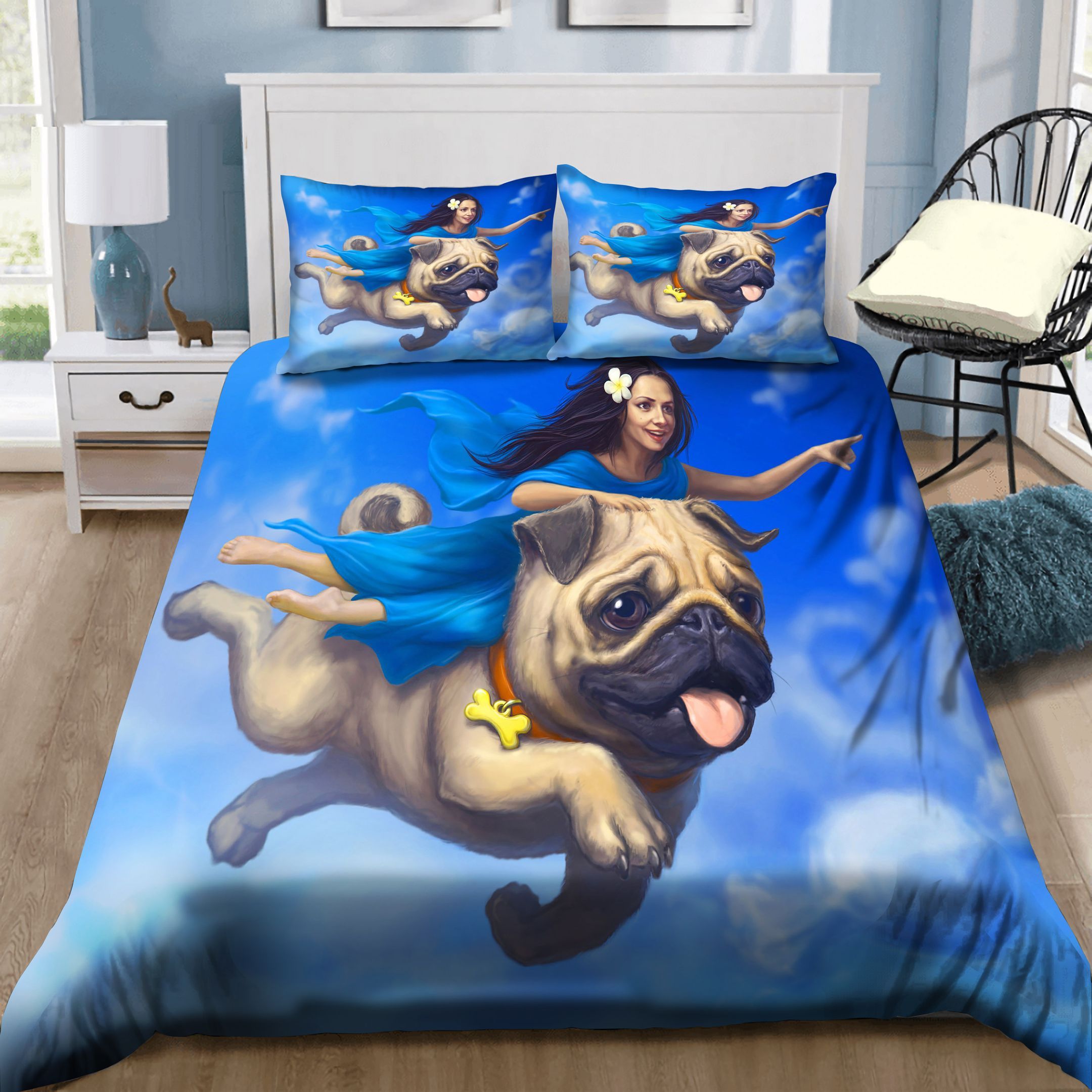 Pug And Little Girl Flying In The Sky Bedding Set