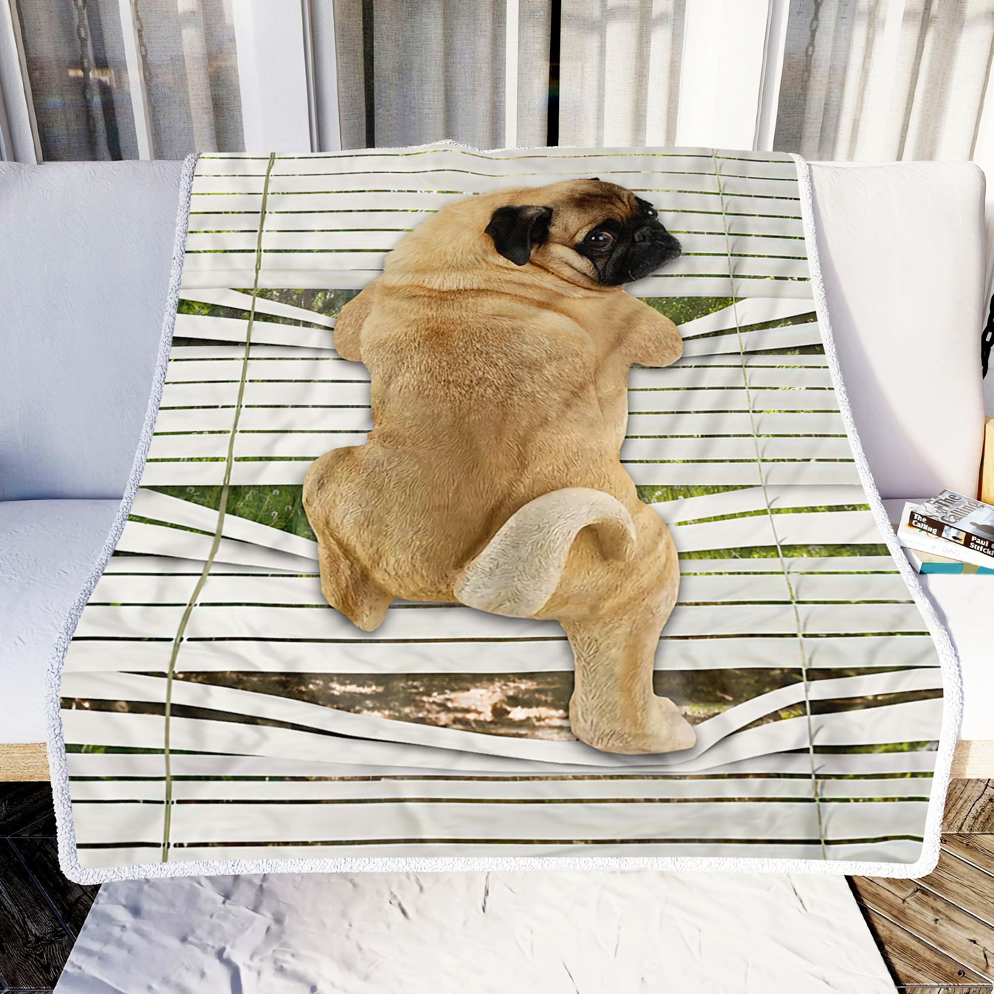 Pug Climbing Out Window Fleece Blanket