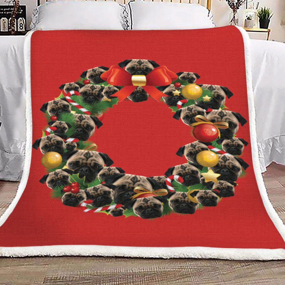 Pug Dog Christmas Wreath Sherpa Fleece