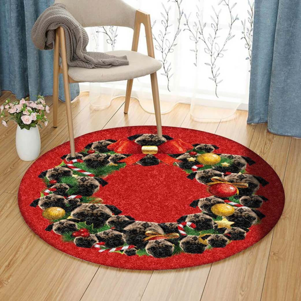 Pug Dog Christmas Wreath Round Carpet