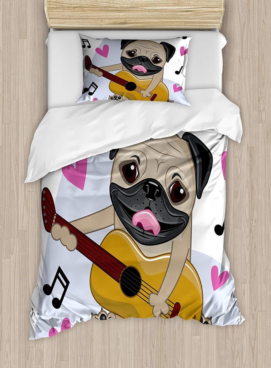 Pug Dog Playing Guitar Singing With Cute Pink Hearts Bedding Set