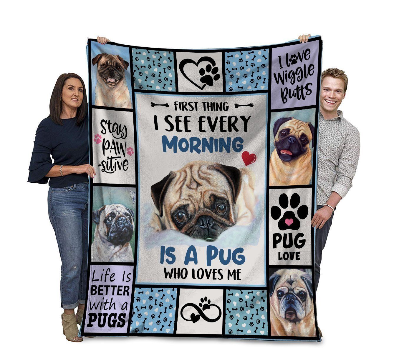 Pug First Thing I See Every Morning Is A Pug Who Loves Me Sherpa Fleece Blanket