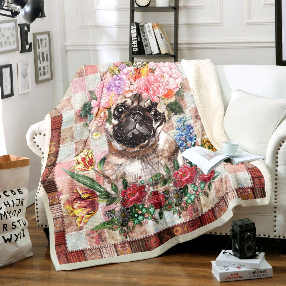 Pug Flower Sherpa Fleece Blanket