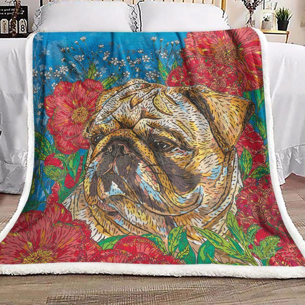 Pug Flower Sherpa Fleece Blanket