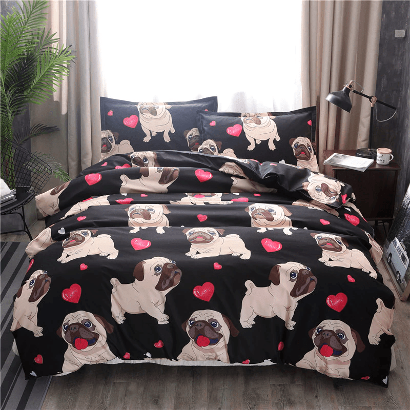 Pug Heart Pattern Black Bedding Set