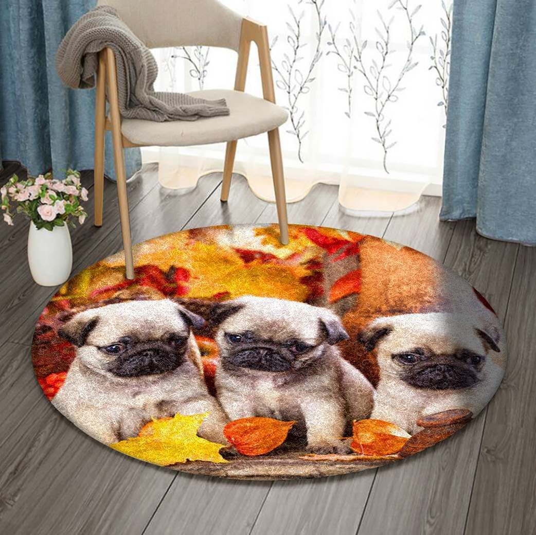 Pug In Autumn Round Carpet