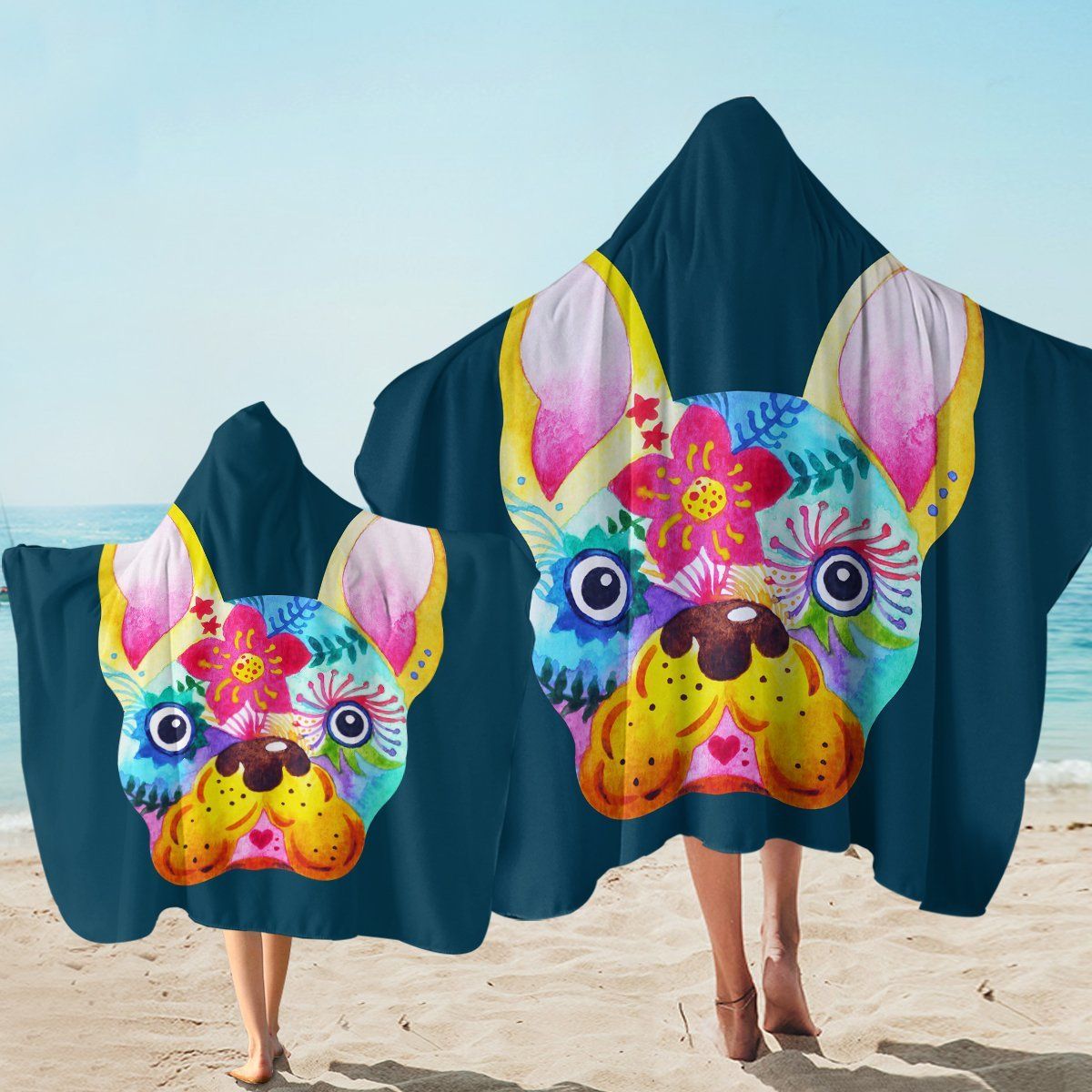 Pug In Awe Navy Printed Hooded Towel