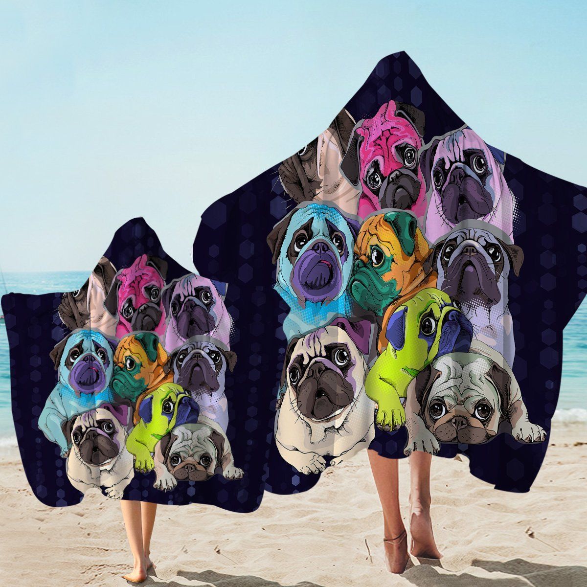Pug Pack Dark Blue Gift For Dog Lovers Printed Hooded Towel