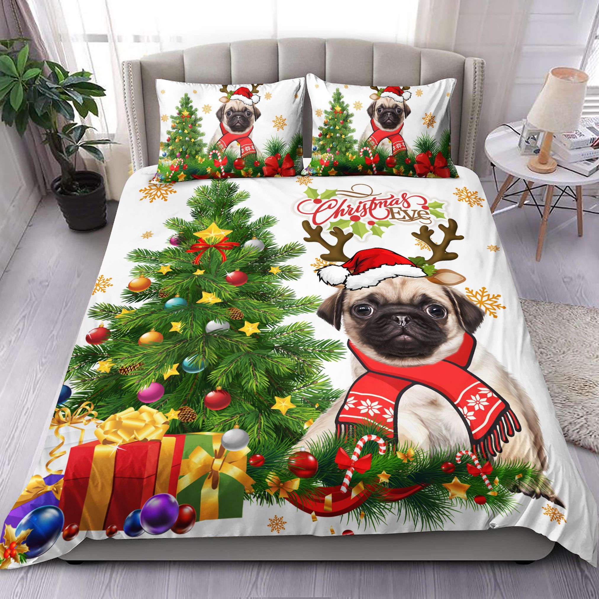 Pug Reindeer Christmas Bedding Set