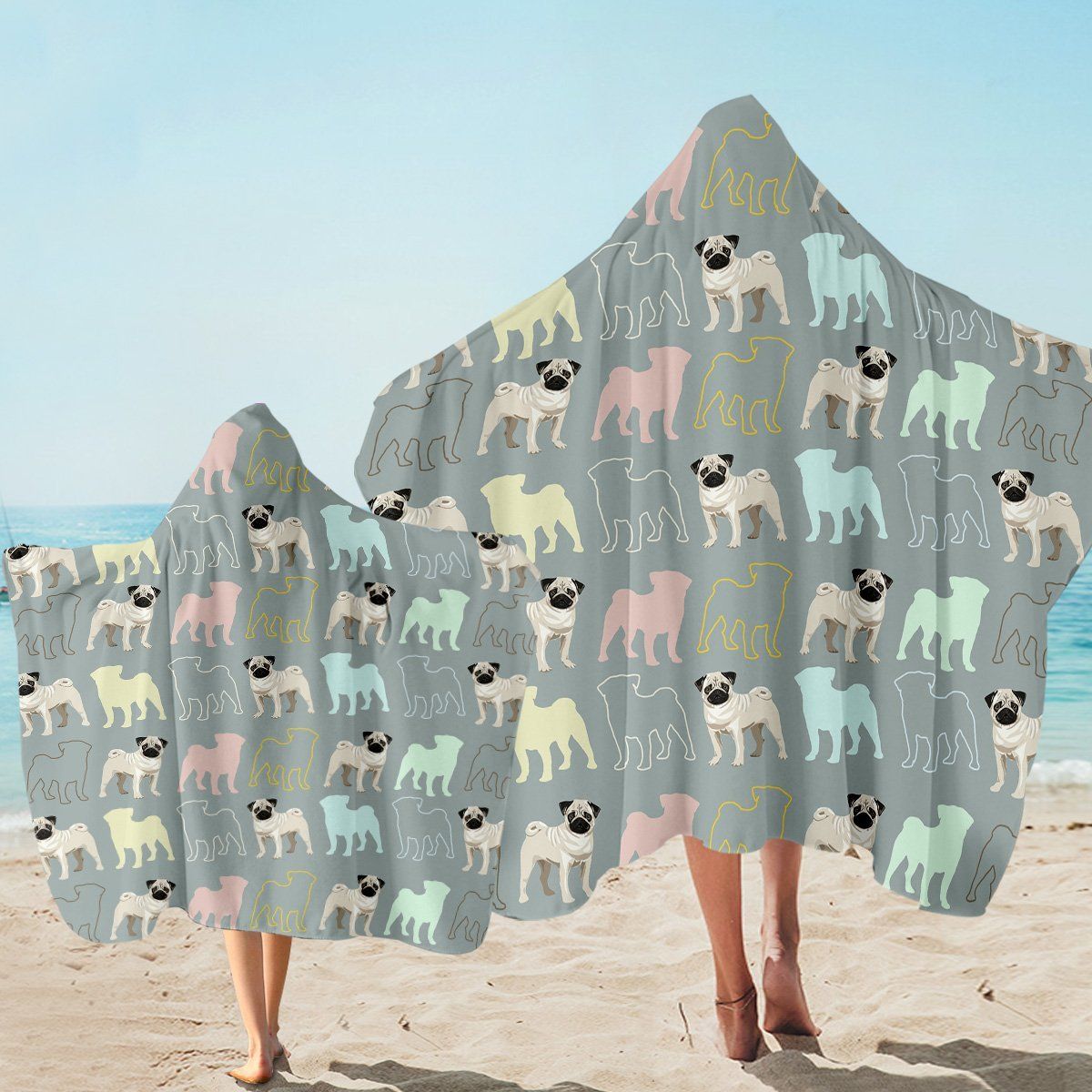 Pug Shadow Gray Pattern Printed Hooded Towel