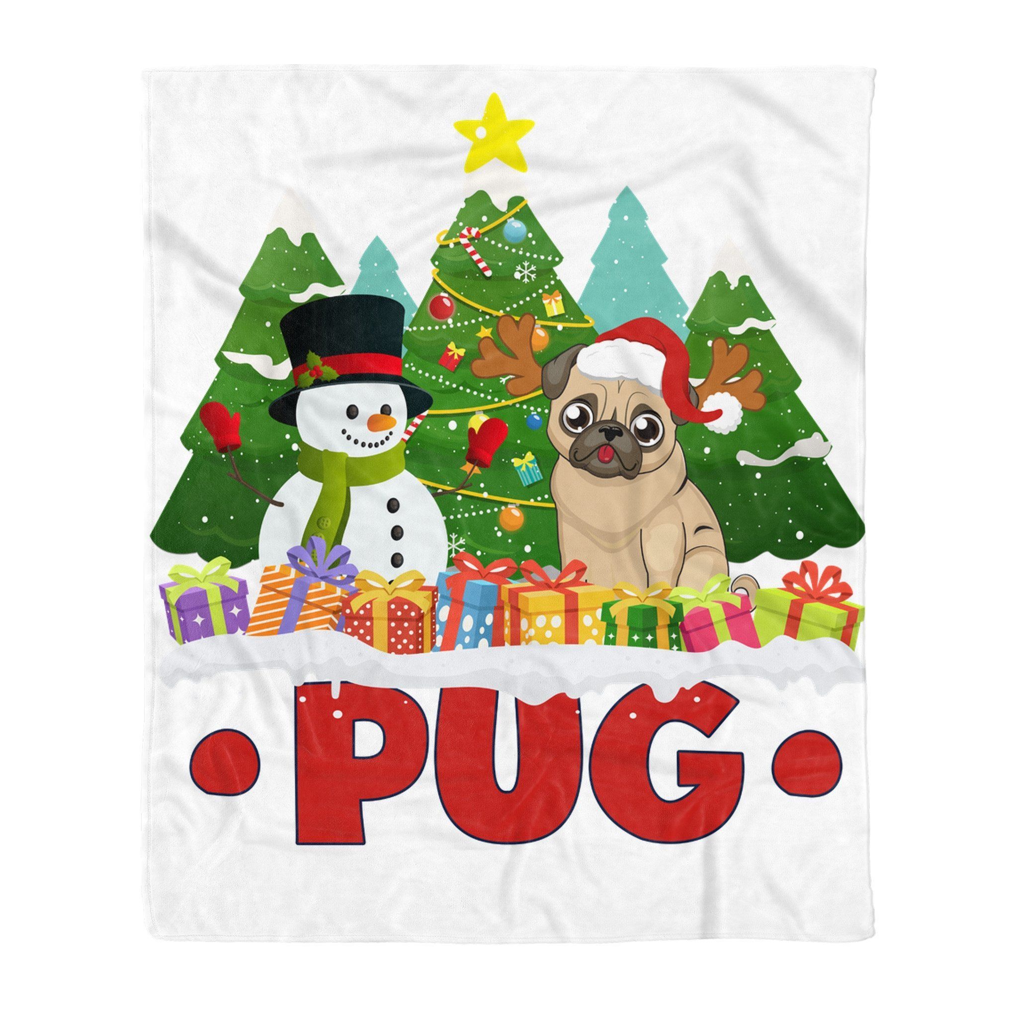 Pug Snowman Christmas Tree Sherpa Fleece Blanket