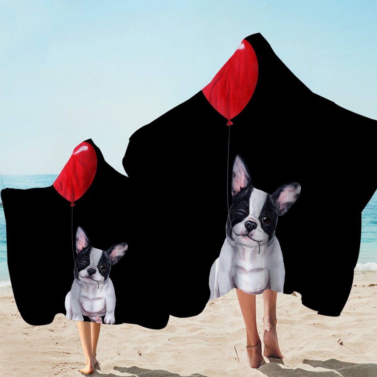 Pug With Red Balloon On Black Printed Hooded Towel