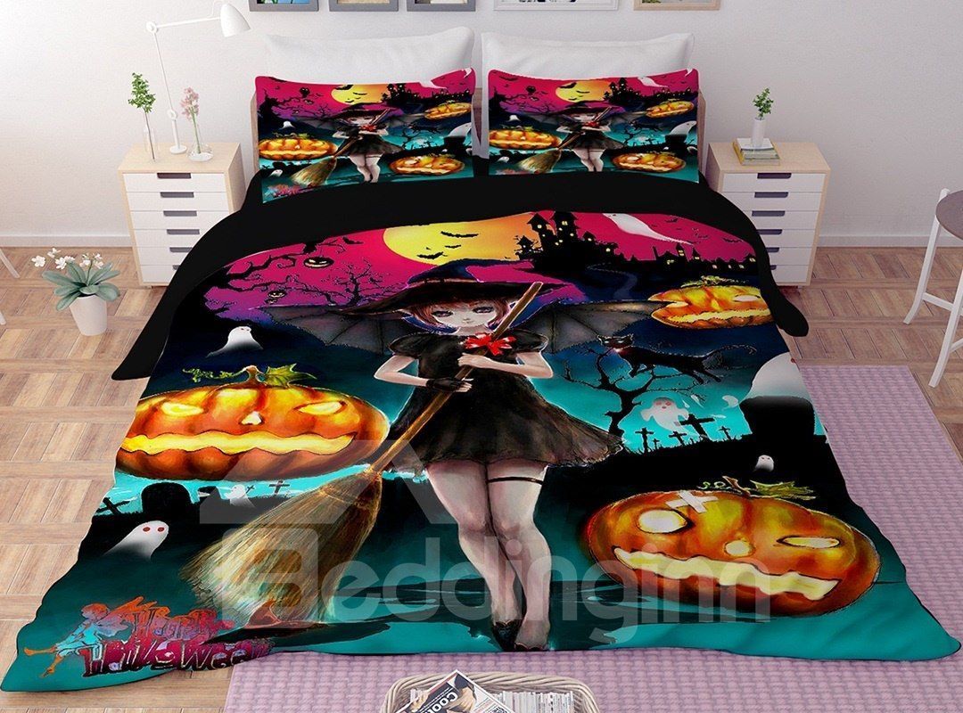 Pumpkin Lantern And Witch Halloween Bedding Set
