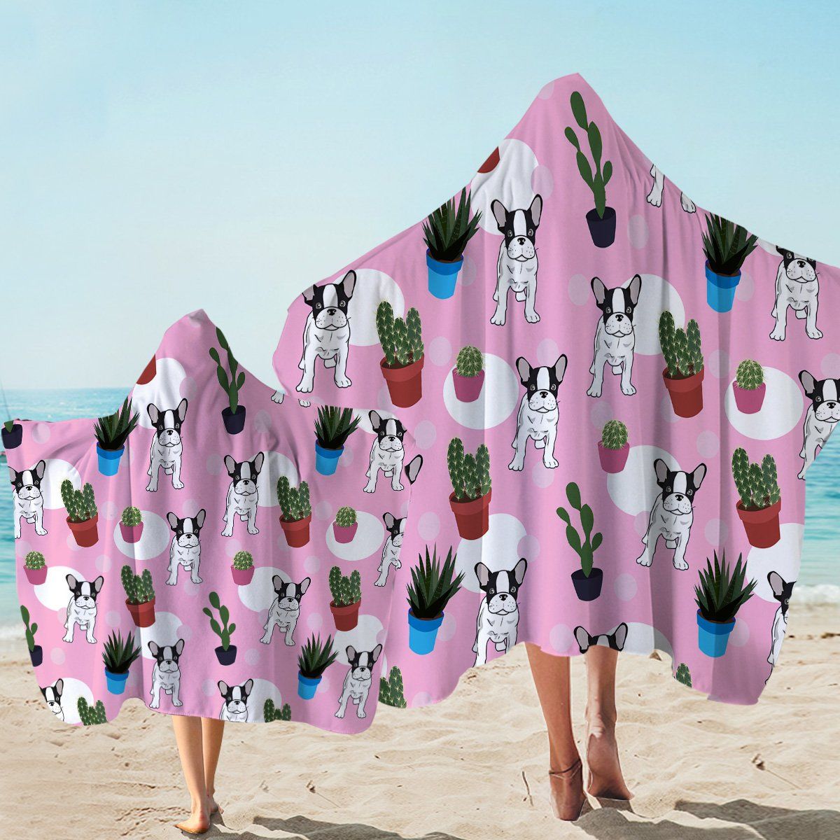 Pup And Cacti Pattern Pink Printed Hooded Towel