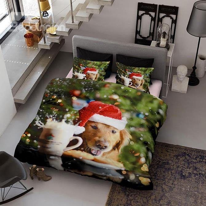 Pup Wearing Christmas Hat Bedding Set