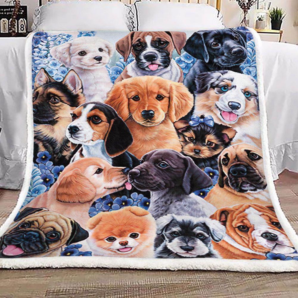 Puppy Dog Blue Flower Sherpa Fleece Blanket