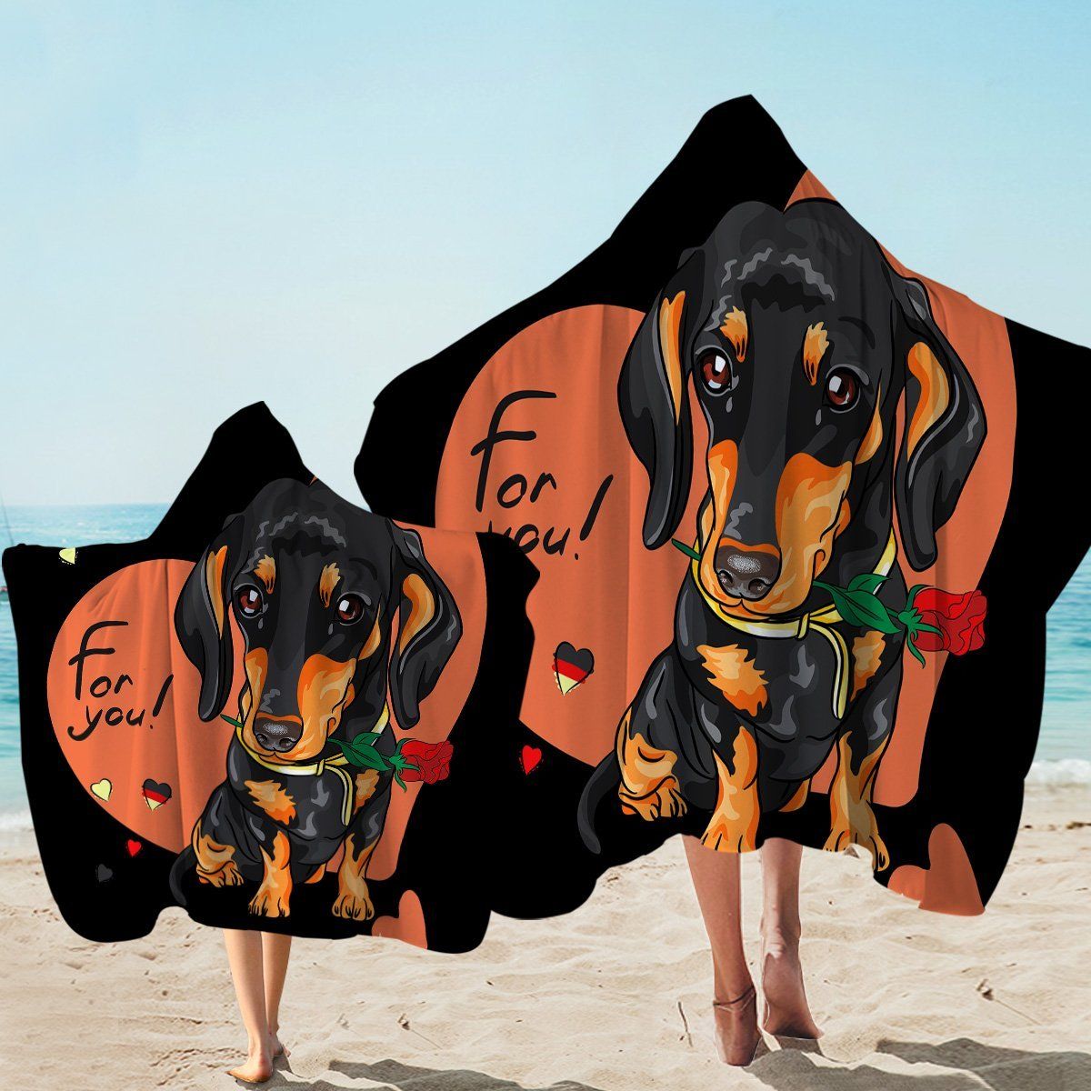 Puppy Love For You On Black Printed Hooded Towel