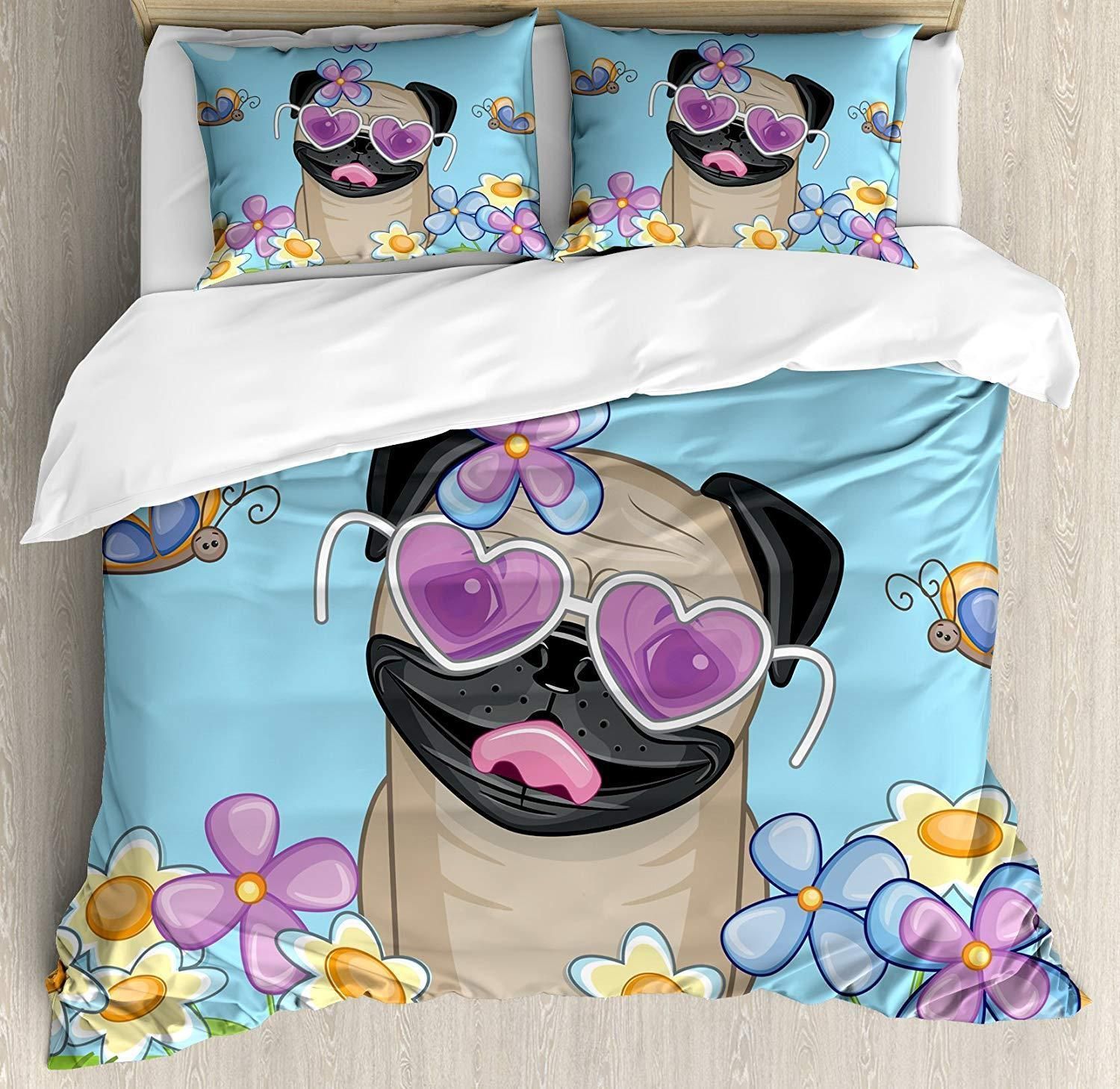 Puppy On Field Flowers Butterflies Heart Shaped Clouds Open Sky Bedding Set