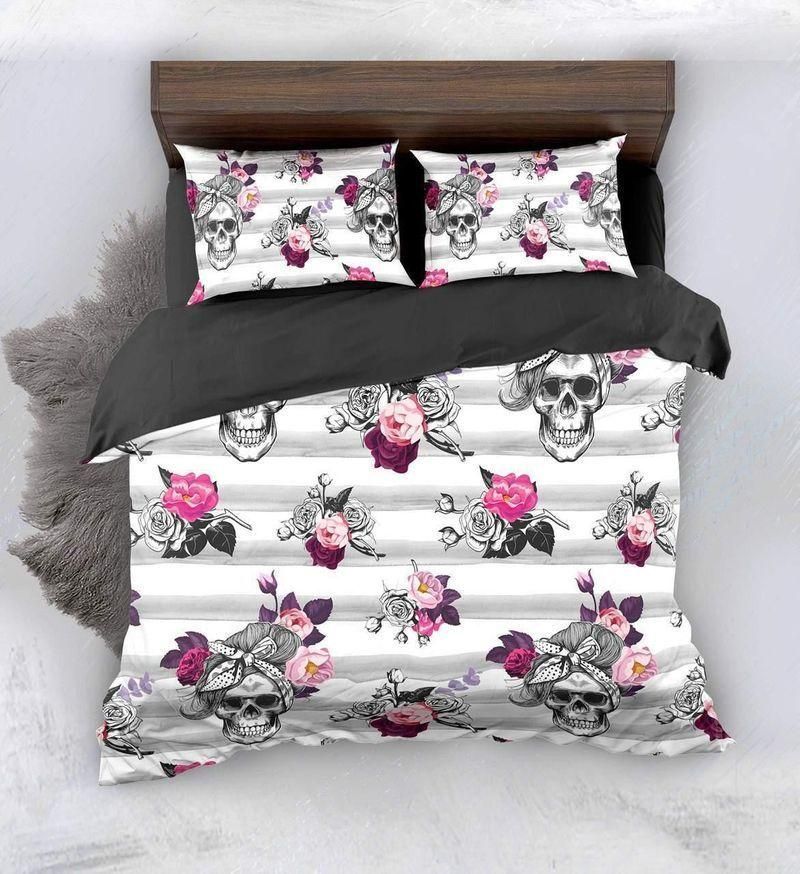 Purpink Floral Skull Printed Bedding Set