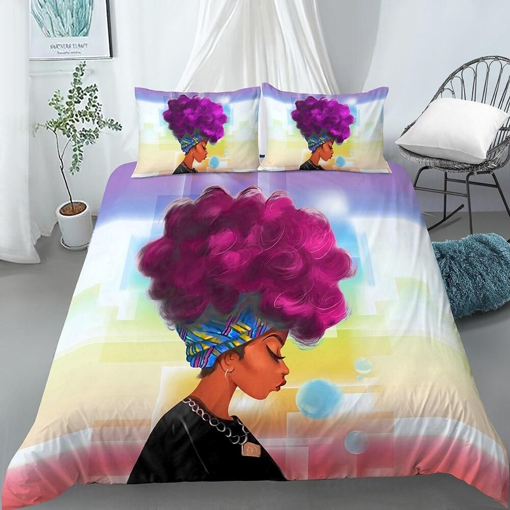 Purple Afro Hair Lady Bedding Set