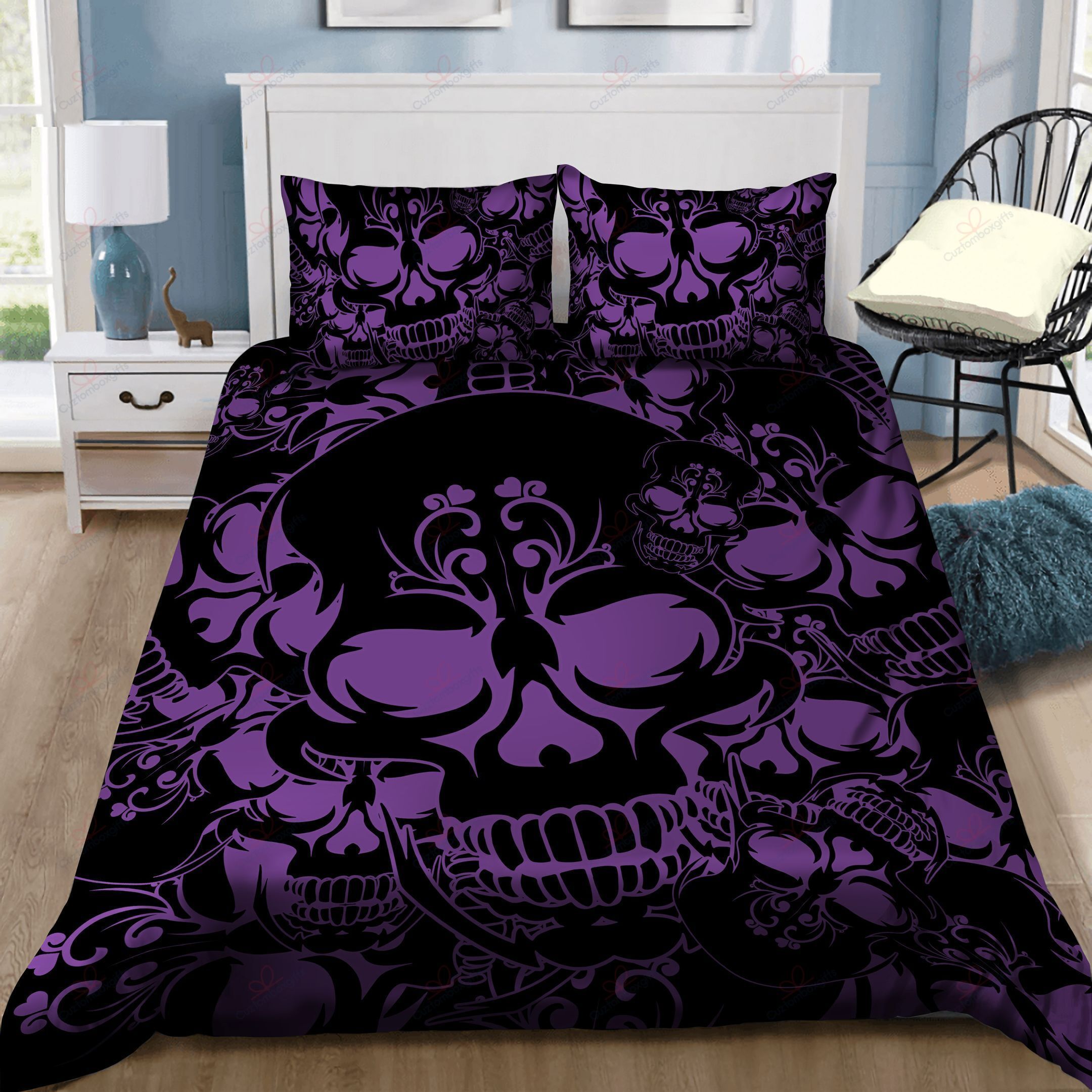 Purple And Black Collage Skull Bedding Set